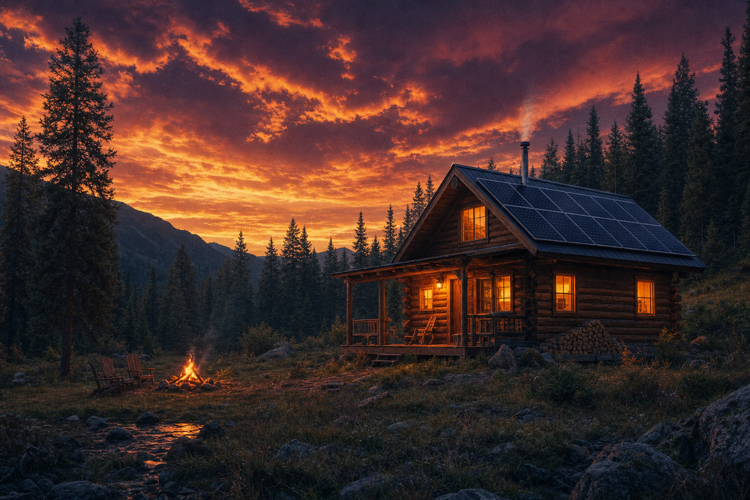 Off-grid cabin with solar panels